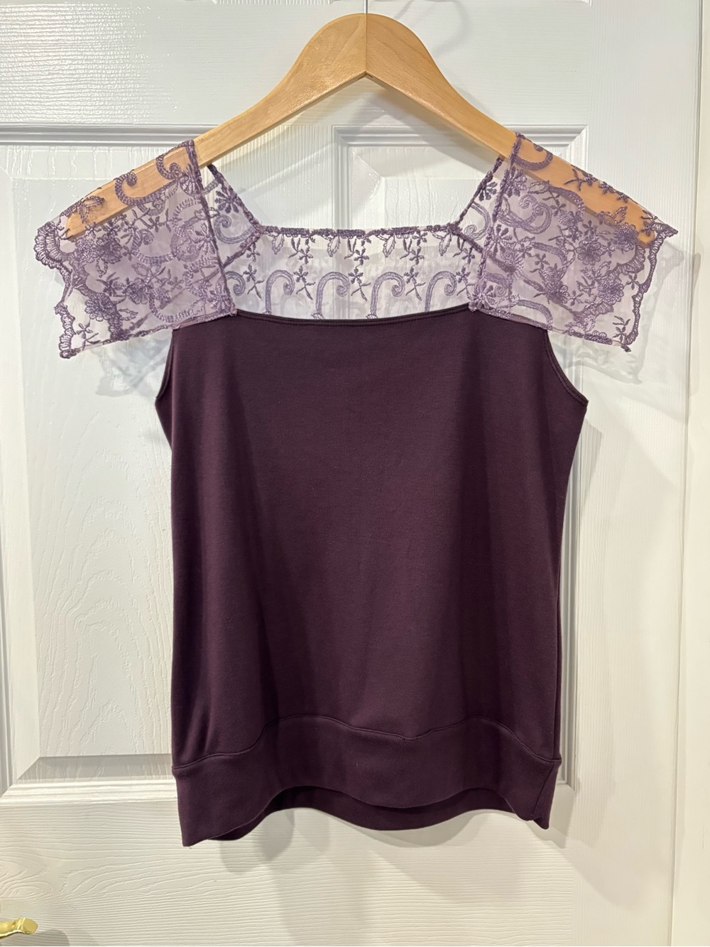 Handmade Lace-Trim Cold Shoulder Top in Plum